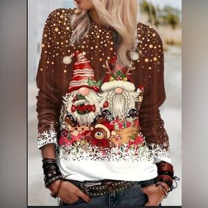 Unbranded Festive Brown and White Santa Gnomes Christmas Top